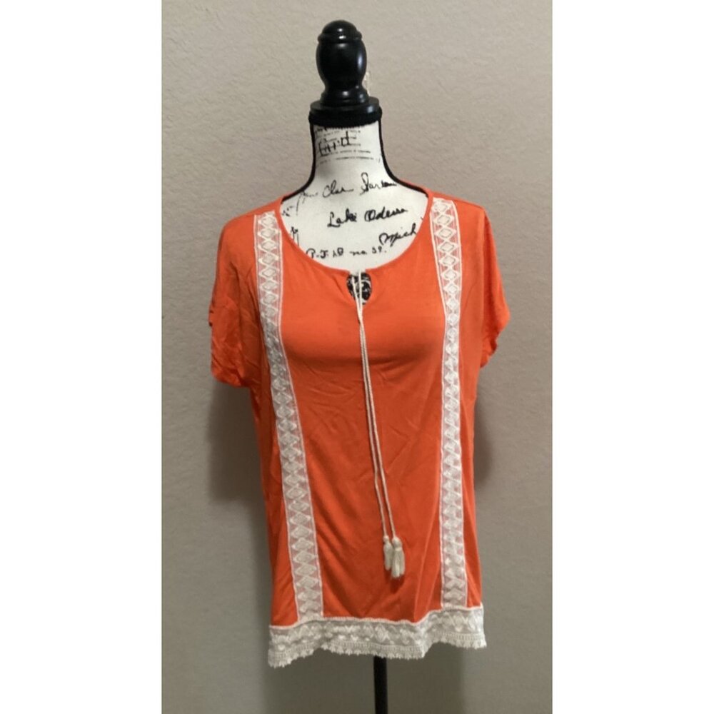 Signature Studio Orange Boho Top With Ivory Lace Trim & Tassel Tie Size XL